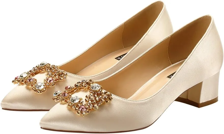 ERIJUNOR Women Comfort Chunky Heel Pointed Toe Rhinestone Wedding Evening Satin Shoes for Bride