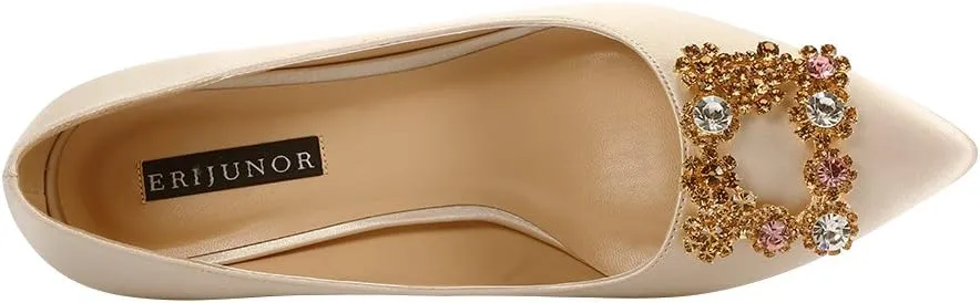ERIJUNOR Women Comfort Chunky Heel Pointed Toe Rhinestone Wedding Evening Satin Shoes for Bride