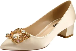 ERIJUNOR Women Comfort Chunky Heel Pointed Toe Rhinestone Wedding Evening Satin Shoes for Bride