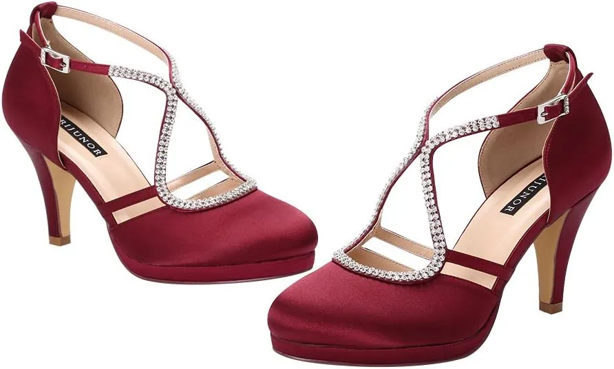 ERIJUNOR Women Comfort Low Heel Closed-Toe Ankle Strap Platform Satin Bridal Wedding Shoes