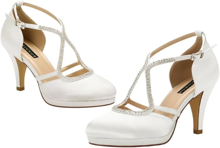 ERIJUNOR Women Comfort Low Heel Closed-Toe Ankle Strap Platform Satin Bridal Wedding Shoes