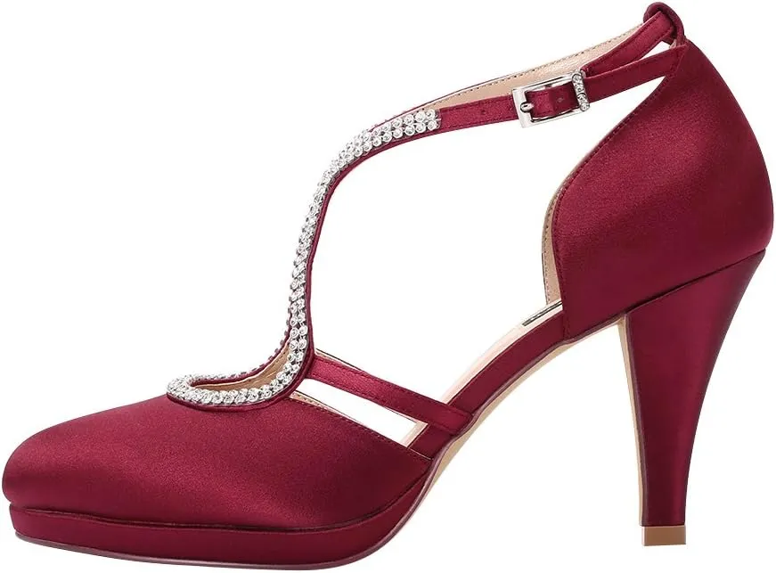 ERIJUNOR Women Comfort Low Heel Closed-Toe Ankle Strap Platform Satin Bridal Wedding Shoes