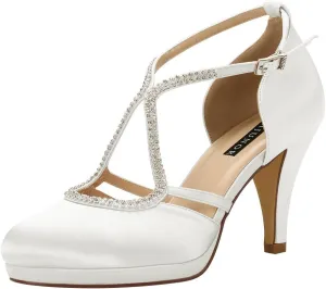 ERIJUNOR Women Comfort Low Heel Closed-Toe Ankle Strap Platform Satin Bridal Wedding Shoes