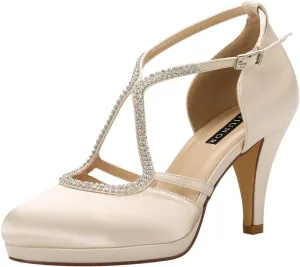 ERIJUNOR Women Comfort Low Heel Closed-Toe Ankle Strap Platform Satin Bridal Wedding Shoes