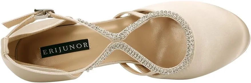 ERIJUNOR Women Comfort Low Heel Closed-Toe Ankle Strap Platform Satin Bridal Wedding Shoes