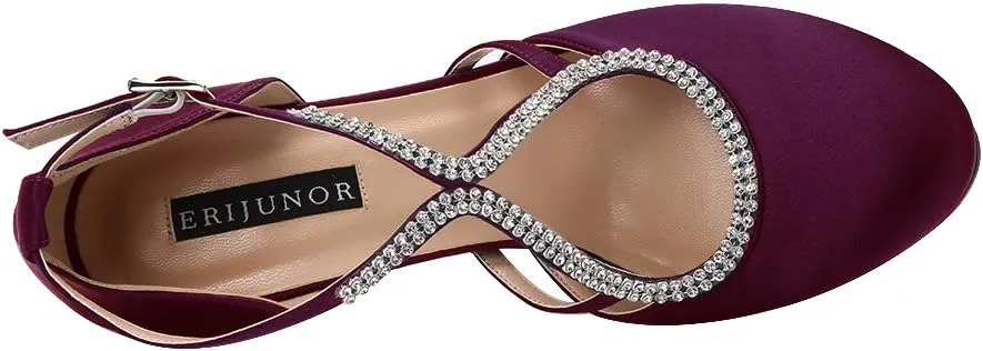 ERIJUNOR Women Comfort Low Heel Closed-Toe Ankle Strap Platform Satin Bridal Wedding Shoes