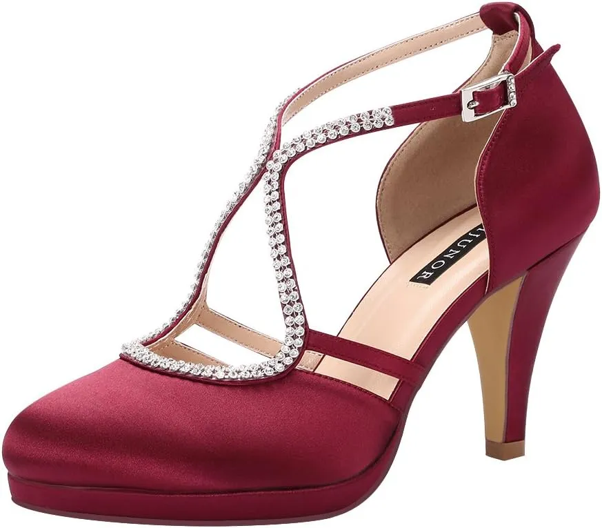 ERIJUNOR Women Comfort Low Heel Closed-Toe Ankle Strap Platform Satin Bridal Wedding Shoes