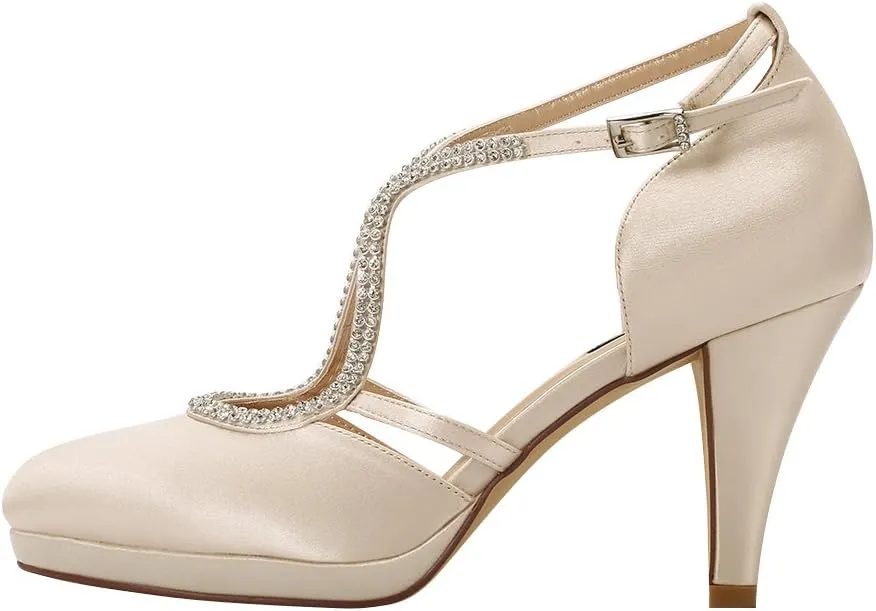 ERIJUNOR Women Comfort Low Heel Closed-Toe Ankle Strap Platform Satin Bridal Wedding Shoes