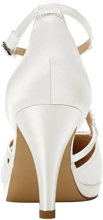 ERIJUNOR Women Comfort Low Heel Closed-Toe Ankle Strap Platform Satin Bridal Wedding Shoes