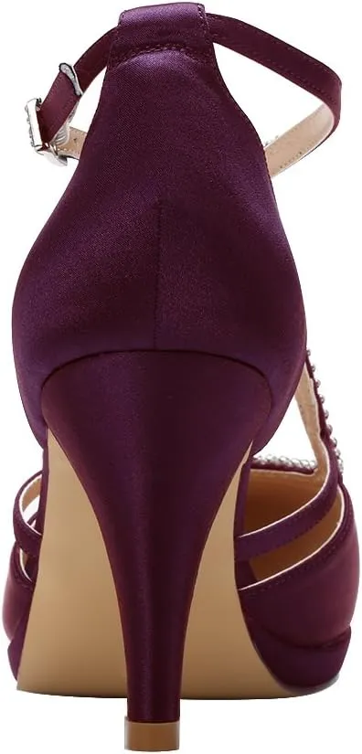 ERIJUNOR Women Comfort Low Heel Closed-Toe Ankle Strap Platform Satin Bridal Wedding Shoes