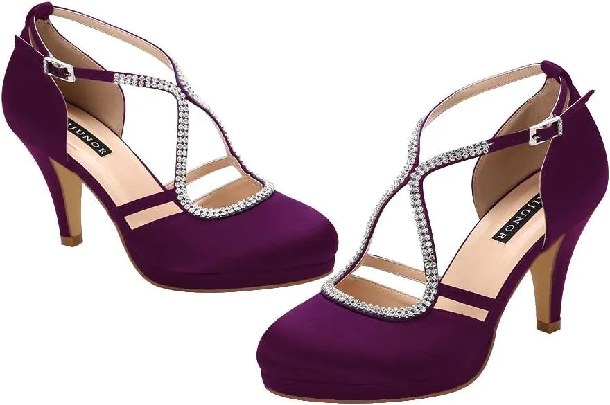 ERIJUNOR Women Comfort Low Heel Closed-Toe Ankle Strap Platform Satin Bridal Wedding Shoes
