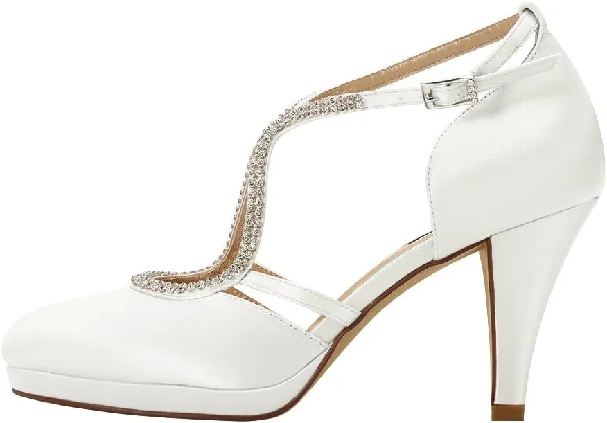 ERIJUNOR Women Comfort Low Heel Closed-Toe Ankle Strap Platform Satin Bridal Wedding Shoes