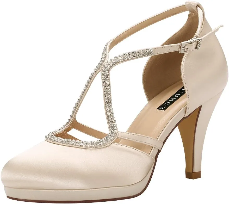 ERIJUNOR Women Comfort Low Heel Closed-Toe Ankle Strap Platform Satin Bridal Wedding Shoes