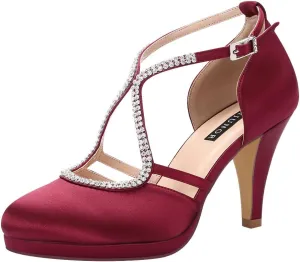 ERIJUNOR Women Comfort Low Heel Closed-Toe Ankle Strap Platform Satin Bridal Wedding Shoes