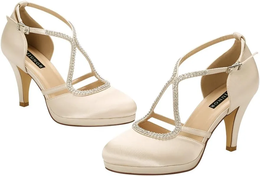 ERIJUNOR Women Comfort Low Heel Closed-Toe Ankle Strap Platform Satin Bridal Wedding Shoes