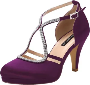 ERIJUNOR Women Comfort Low Heel Closed-Toe Ankle Strap Platform Satin Bridal Wedding Shoes