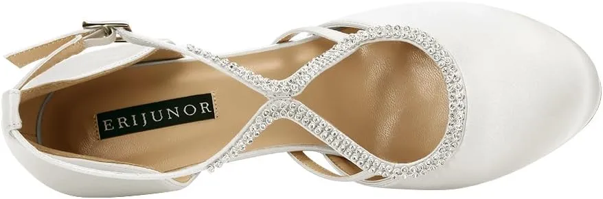 ERIJUNOR Women Comfort Low Heel Closed-Toe Ankle Strap Platform Satin Bridal Wedding Shoes