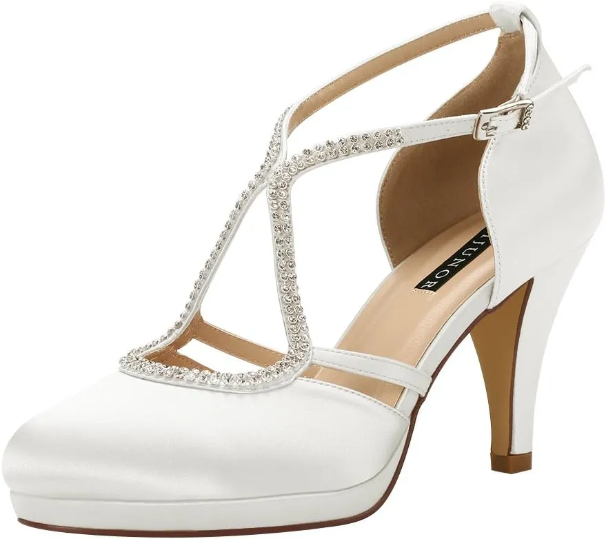 ERIJUNOR Women Comfort Low Heel Closed-Toe Ankle Strap Platform Satin Bridal Wedding Shoes