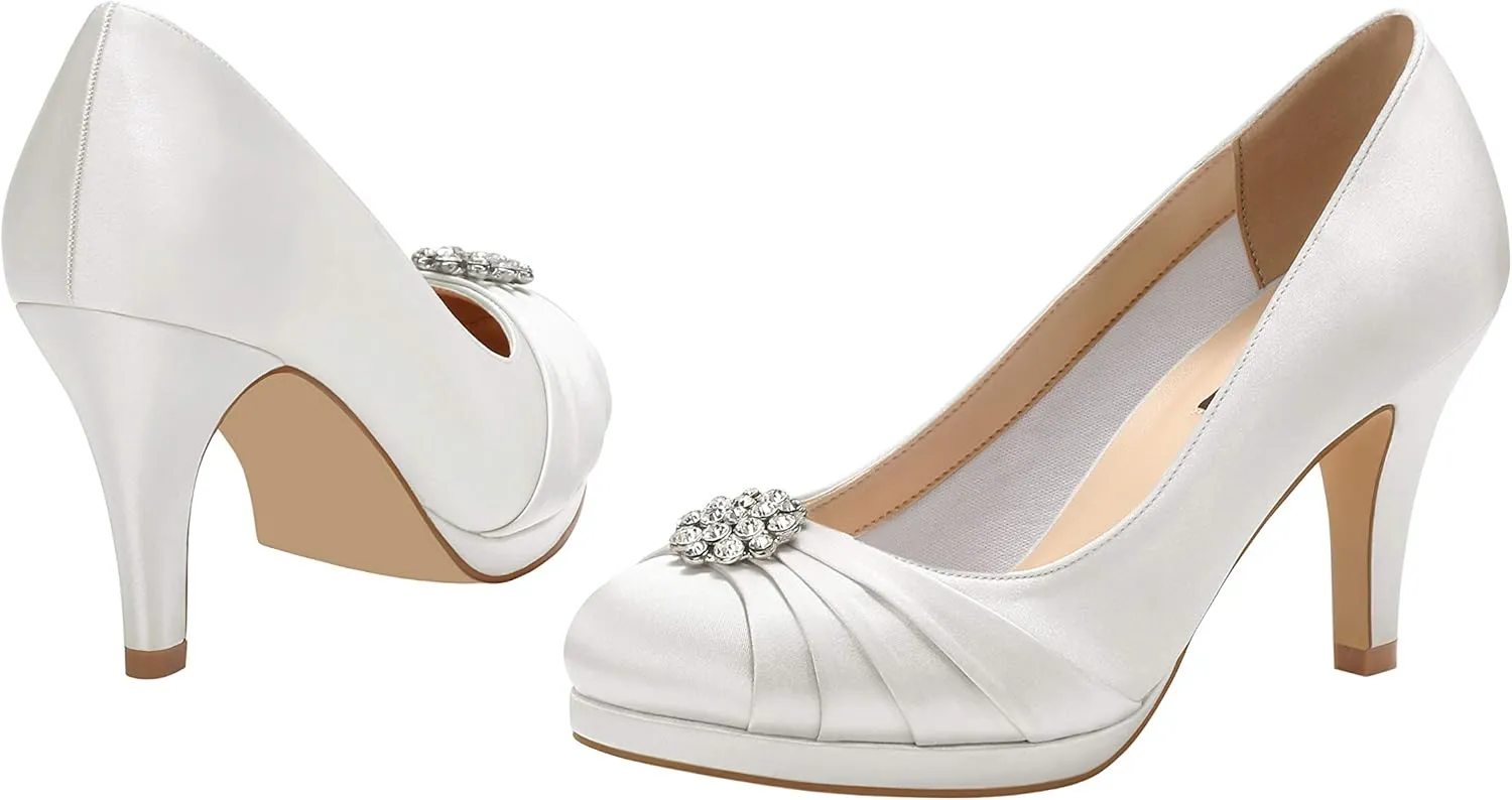 ERIJUNOR Women Comfort Mid Heel Pumps Closed-Toe Satin Wedding Evening Party Dress Shoes