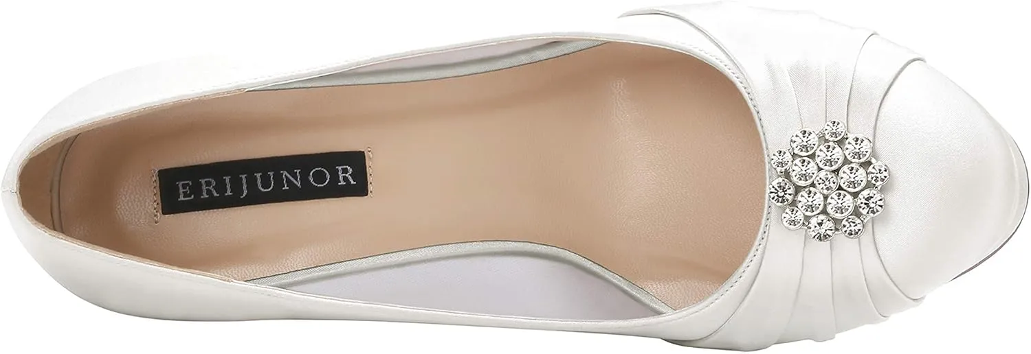 ERIJUNOR Women Comfort Mid Heel Pumps Closed-Toe Satin Wedding Evening Party Dress Shoes