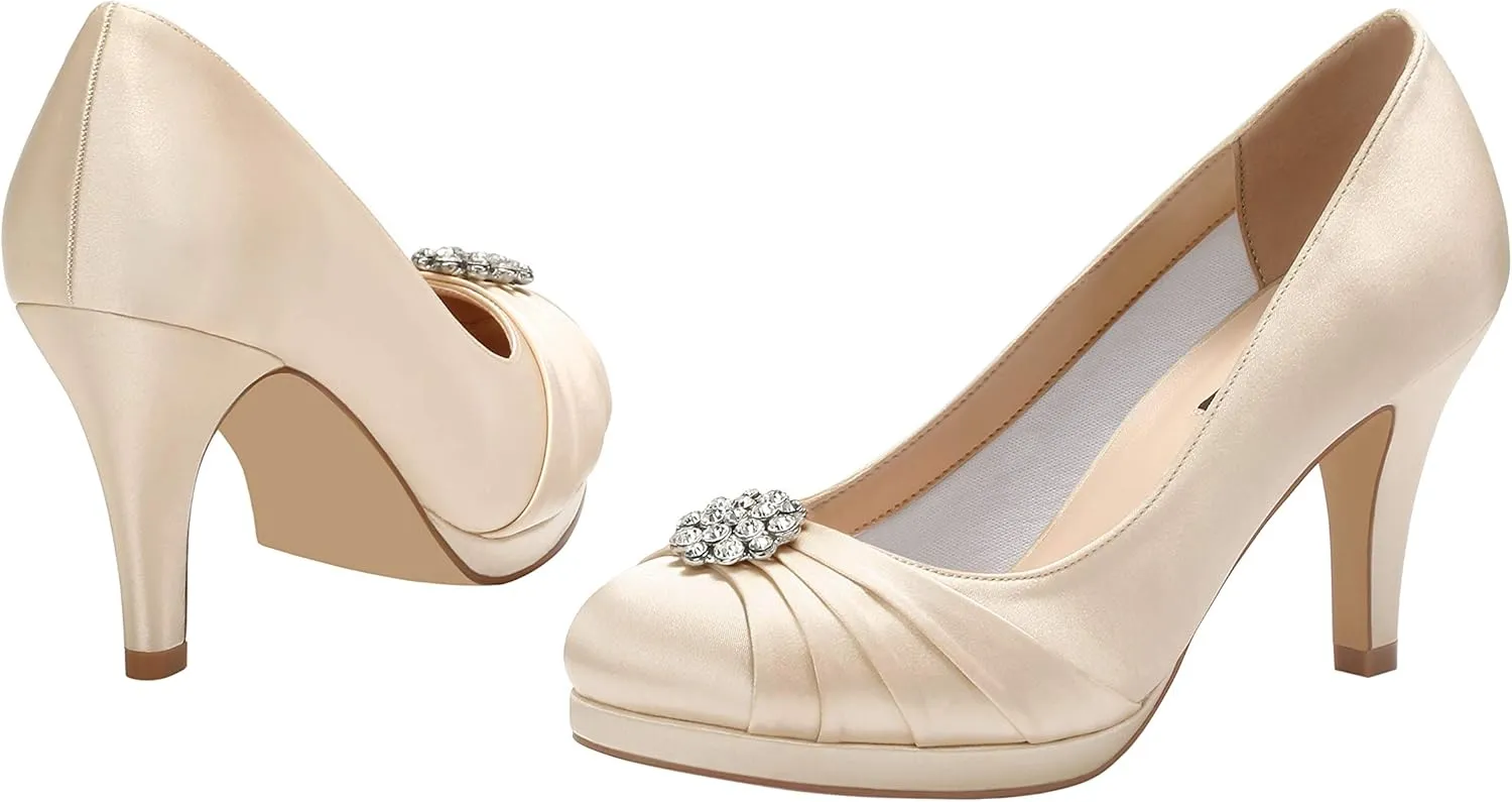 ERIJUNOR Women Comfort Mid Heel Pumps Closed-Toe Satin Wedding Evening Party Dress Shoes