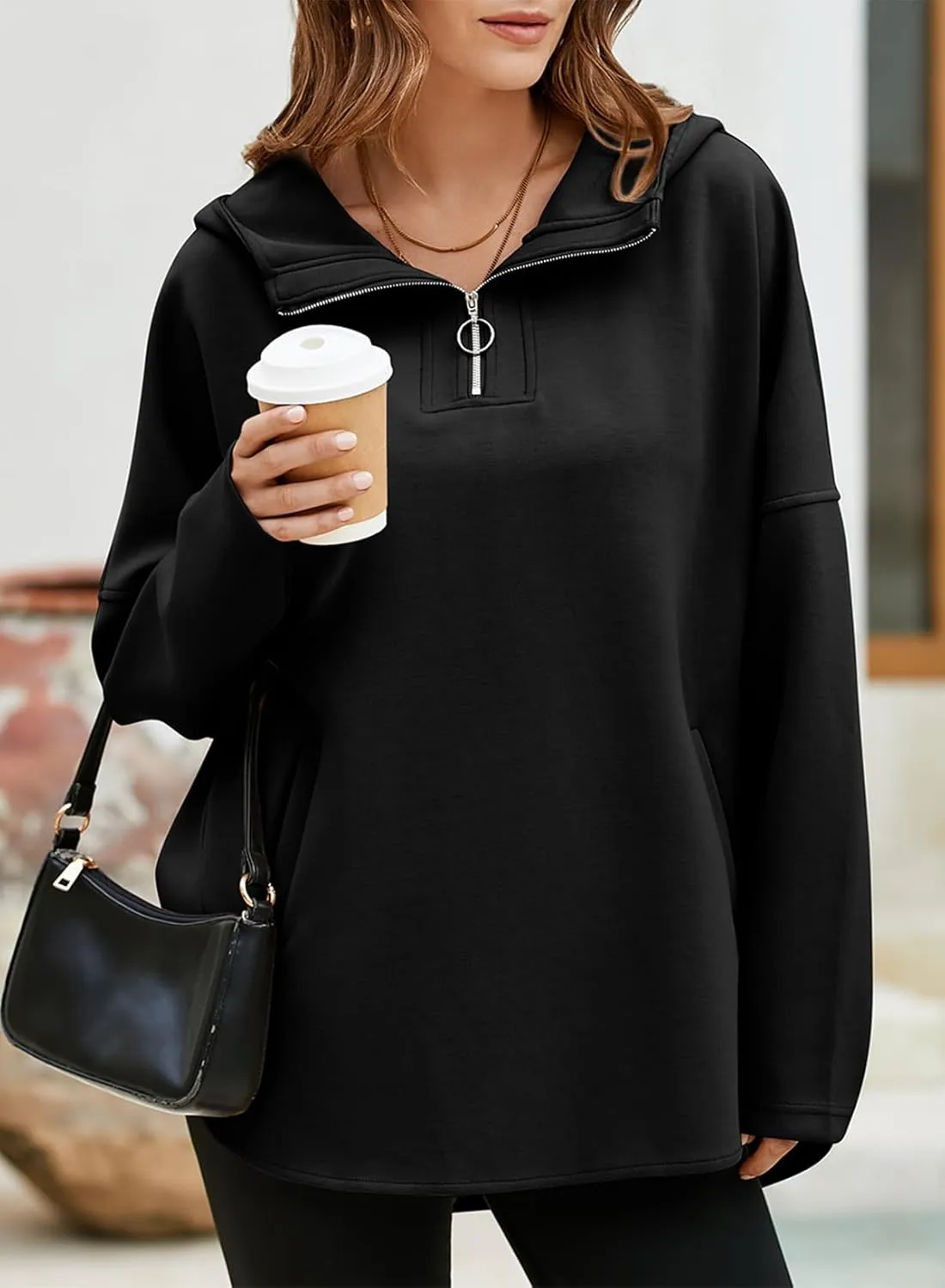 EVALESS Women's Oversized Hoodies Casual Long Sleeve Half Zipper Pocket Sweatshirt Pullover Tops