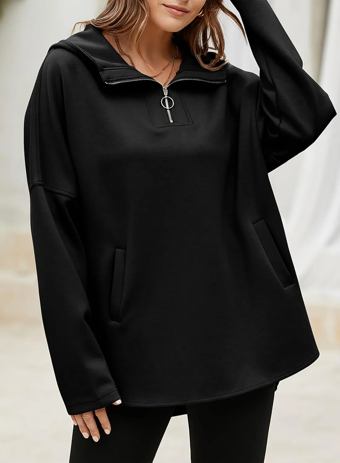 EVALESS Women's Oversized Hoodies Casual Long Sleeve Half Zipper Pocket Sweatshirt Pullover Tops