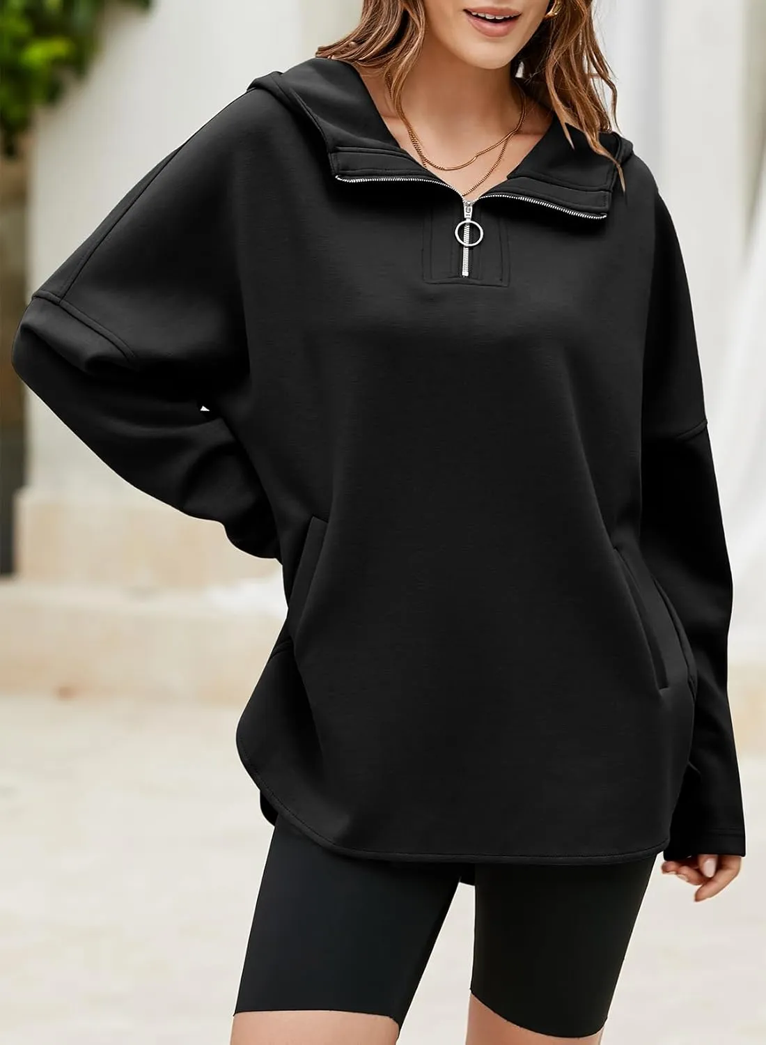 EVALESS Women's Oversized Hoodies Casual Long Sleeve Half Zipper Pocket Sweatshirt Pullover Tops