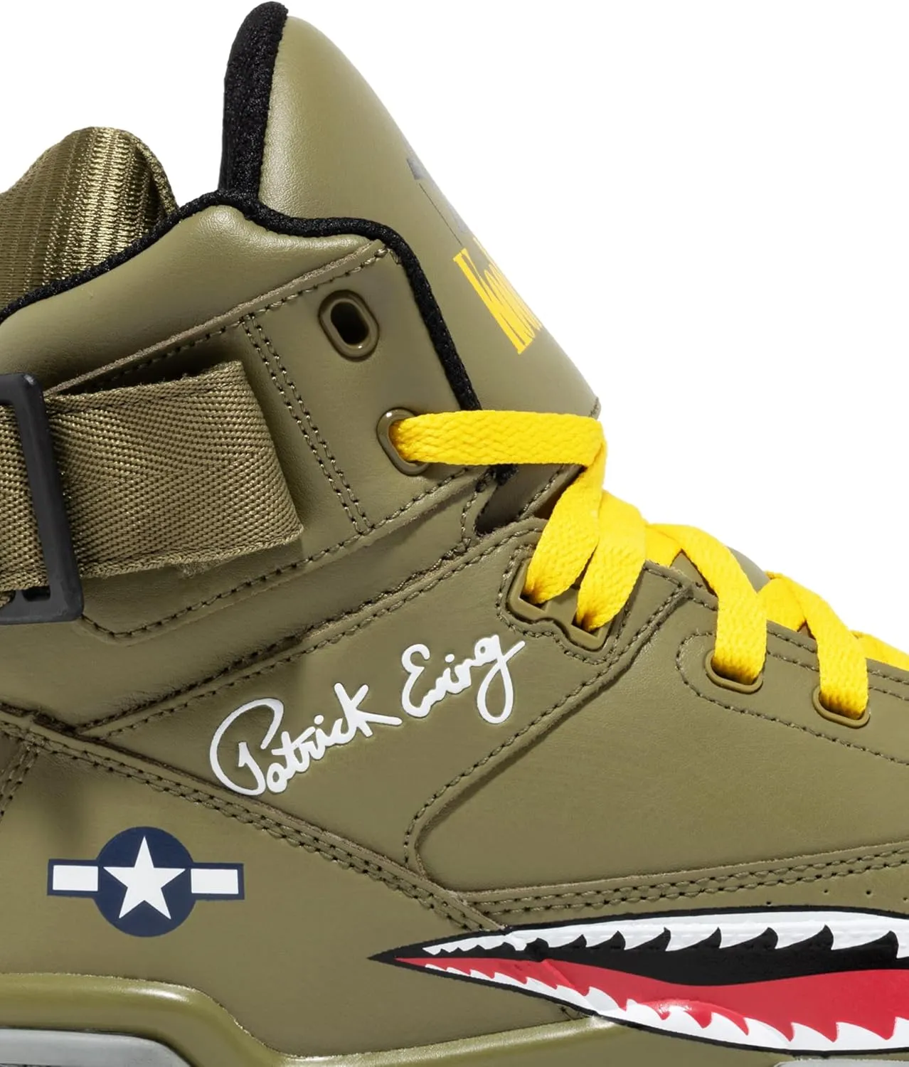 Ewing PATRICK ATHLETICS 33 HI x KOOL G RAP Olive/Red/Yellow - Limited Edition Military-Inspired Design with Shark Teeth Graphic