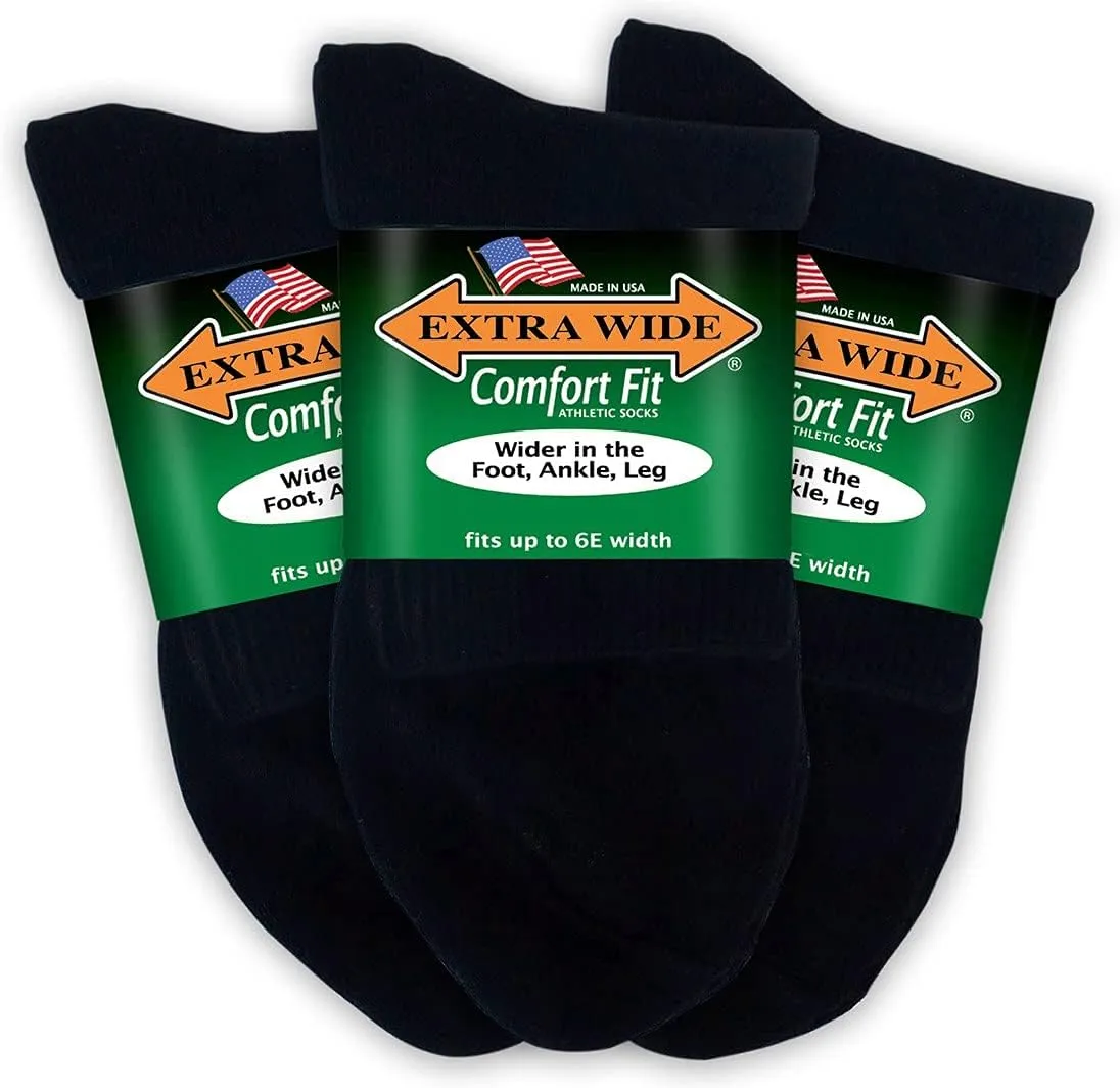 Extra Wide Comfort Fit Athletic Quarter Socks (Pack of 3) Fits Up to a 6E Width, Made in USA