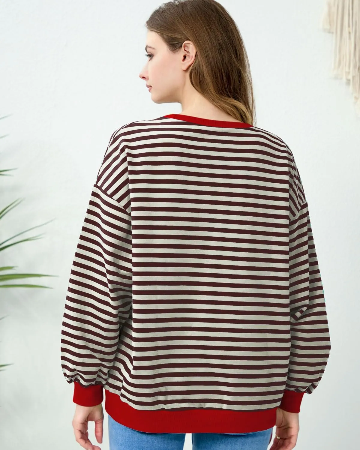 EYZH Women Oversized Striped Color Block Long Sleeve Crew Neck Sweatshirt Casual Loose Pullover Tunic Tops Outfits