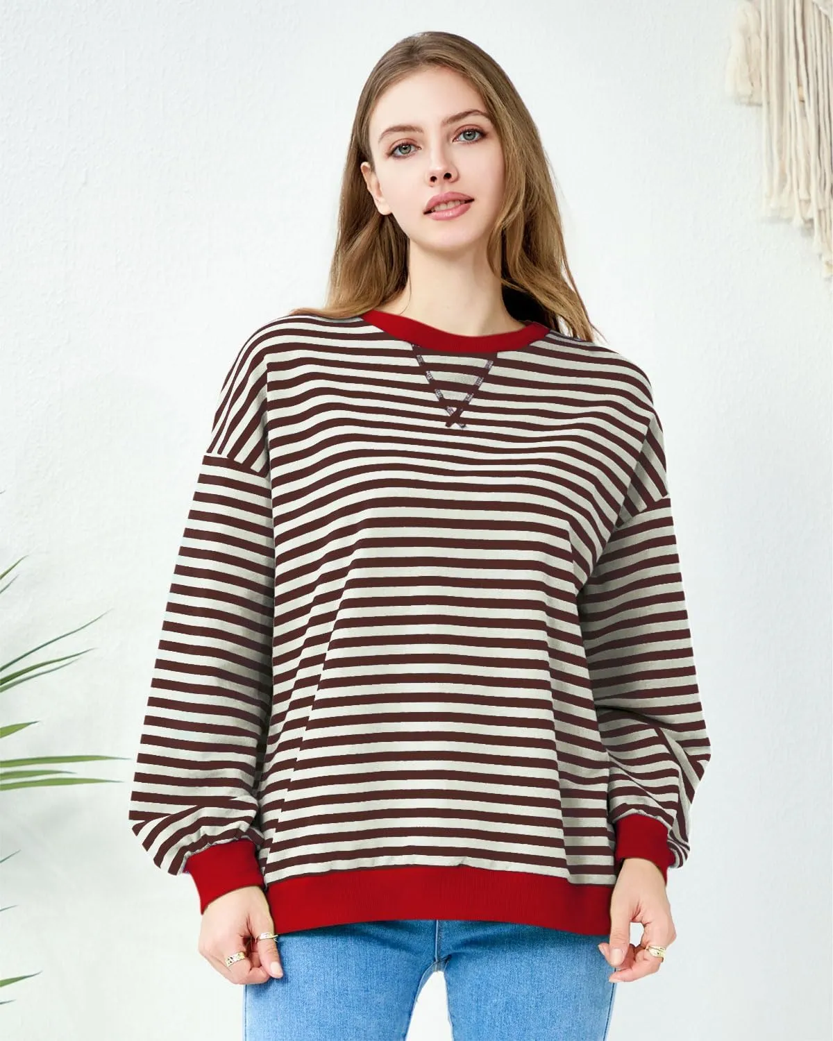EYZH Women Oversized Striped Color Block Long Sleeve Crew Neck Sweatshirt Casual Loose Pullover Tunic Tops Outfits