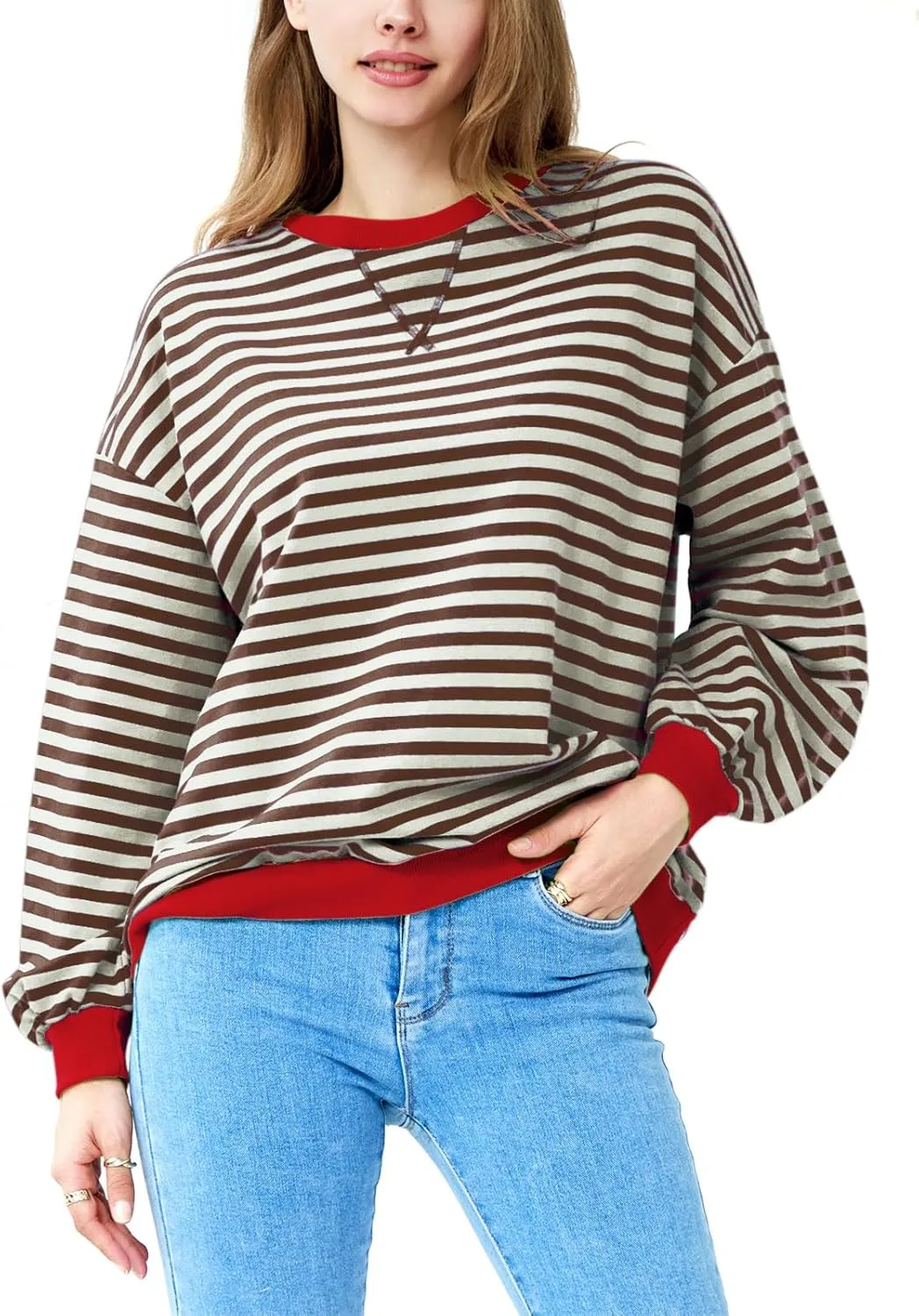 EYZH Women Oversized Striped Color Block Long Sleeve Crew Neck Sweatshirt Casual Loose Pullover Tunic Tops Outfits