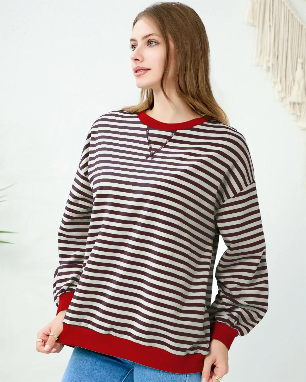 EYZH Women Oversized Striped Color Block Long Sleeve Crew Neck Sweatshirt Casual Loose Pullover Tunic Tops Outfits