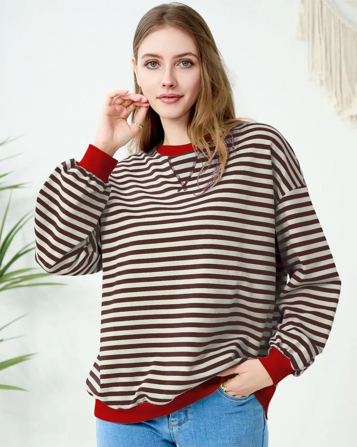 EYZH Women Oversized Striped Color Block Long Sleeve Crew Neck Sweatshirt Casual Loose Pullover Tunic Tops Outfits