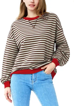 EYZH Women Oversized Striped Color Block Long Sleeve Crew Neck Sweatshirt Casual Loose Pullover Tunic Tops Outfits