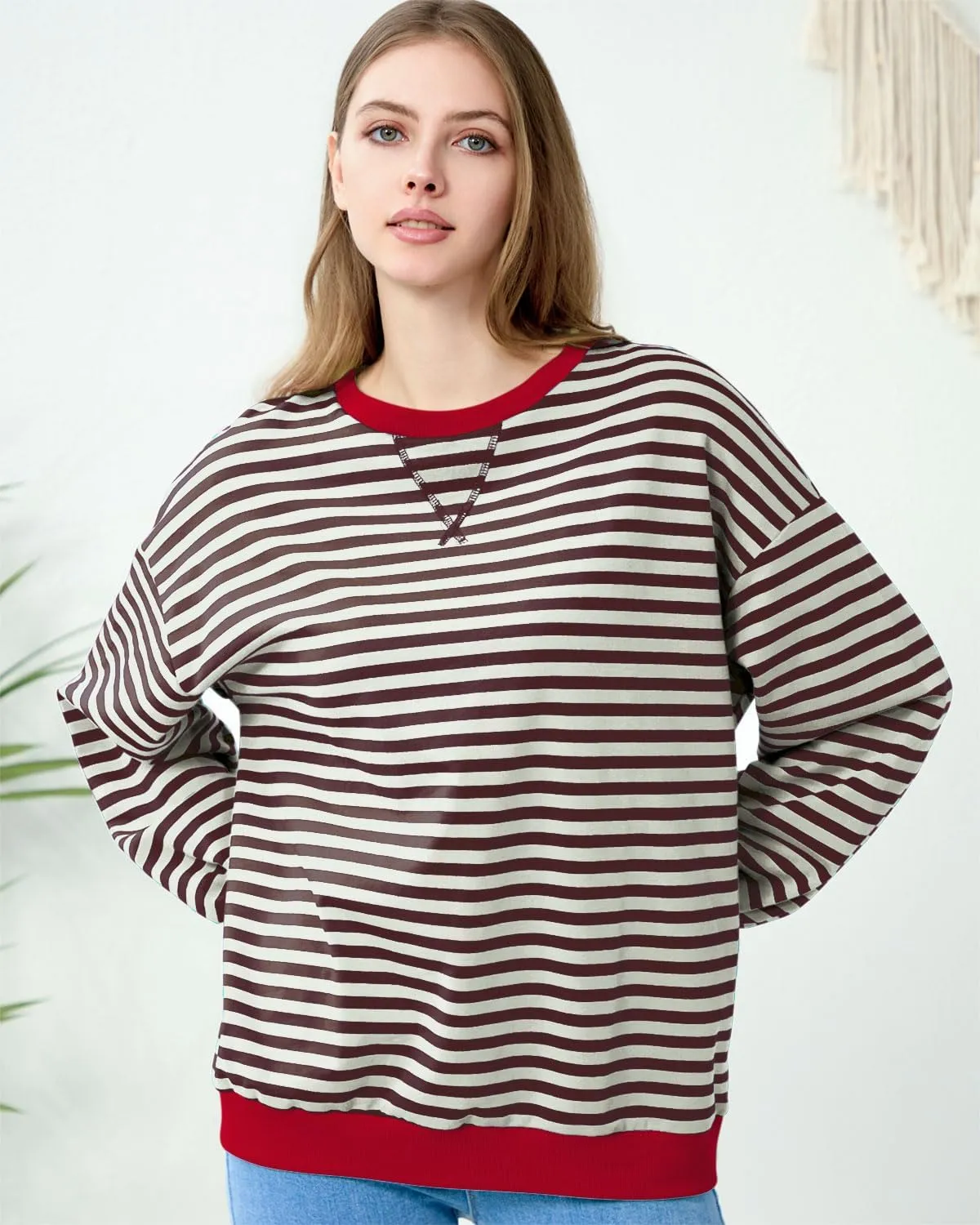 EYZH Women Oversized Striped Color Block Long Sleeve Crew Neck Sweatshirt Casual Loose Pullover Tunic Tops Outfits
