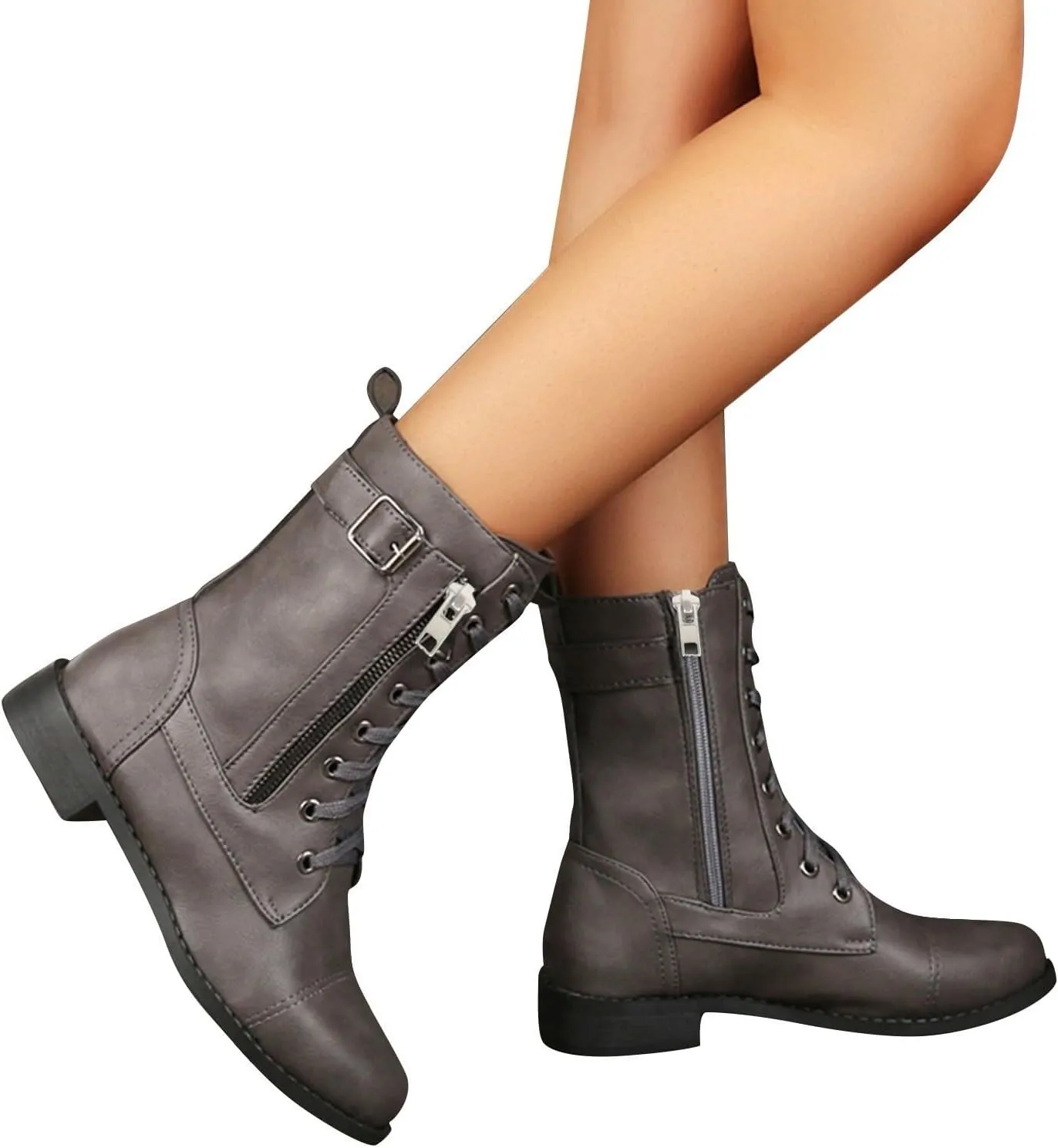 Fall Boots for Women 2024 Low Heel Combat Boots Womens Black Platform Lace-Up Side Zipper Low Heel Mid-Calf Booties