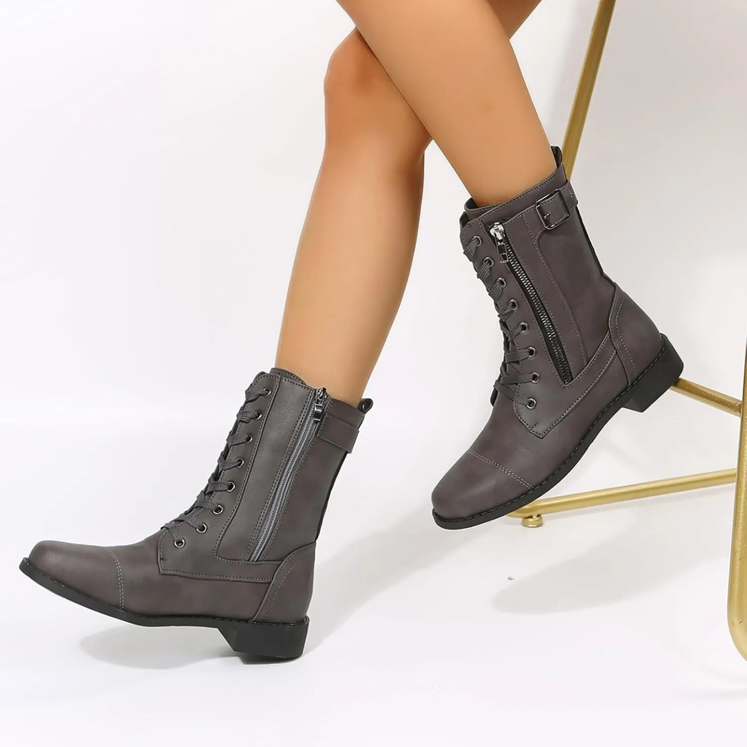 Fall Boots for Women 2024 Low Heel Combat Boots Womens Black Platform Lace-Up Side Zipper Low Heel Mid-Calf Booties