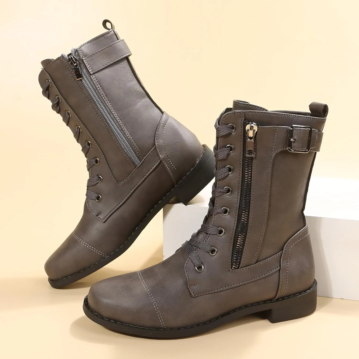 Fall Boots for Women 2024 Low Heel Combat Boots Womens Black Platform Lace-Up Side Zipper Low Heel Mid-Calf Booties