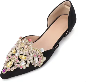 Flats for Women Fashion Ballet Flats Wedding Dress Shoes Bling Rhinestone Pointed Flats Comfort Slip on Low Heel Dress Flat Shoes