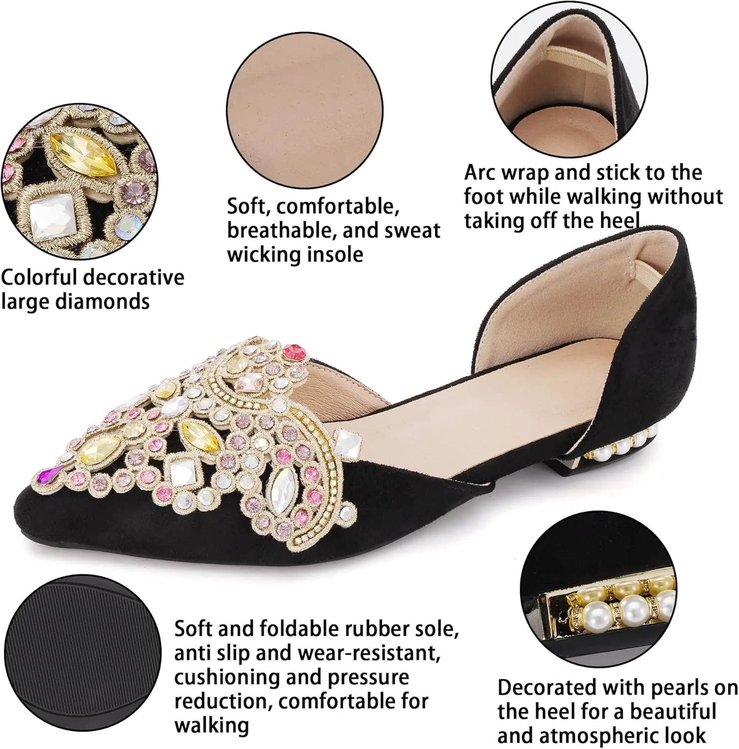 Flats for Women Fashion Ballet Flats Wedding Dress Shoes Bling Rhinestone Pointed Flats Comfort Slip on Low Heel Dress Flat Shoes