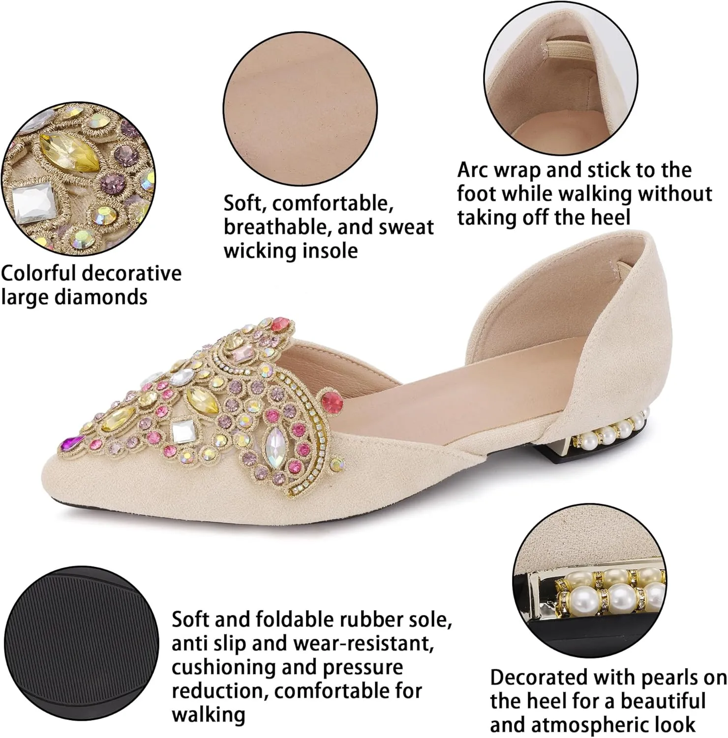 Flats for Women Fashion Ballet Flats Wedding Dress Shoes Bling Rhinestone Pointed Flats Comfort Slip on Low Heel Dress Flat Shoes