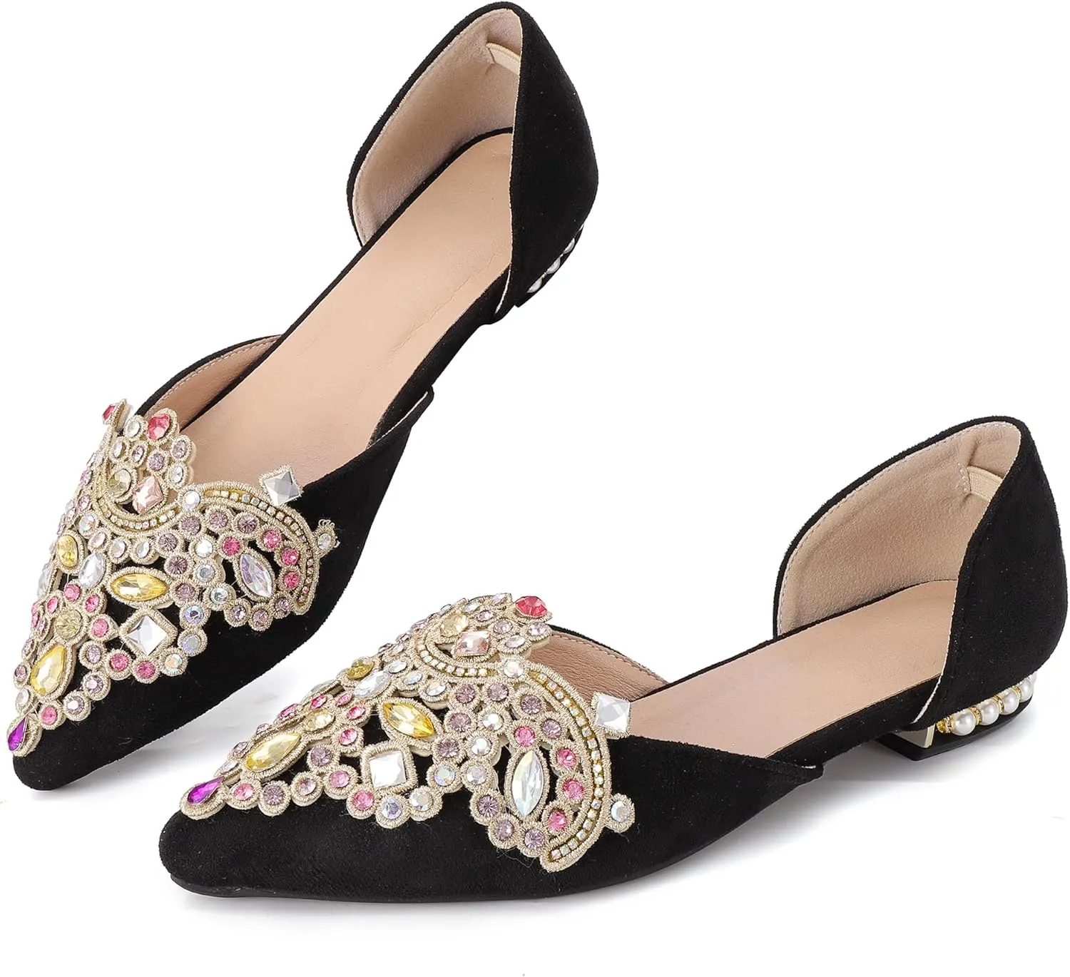 Flats for Women Fashion Ballet Flats Wedding Dress Shoes Bling Rhinestone Pointed Flats Comfort Slip on Low Heel Dress Flat Shoes