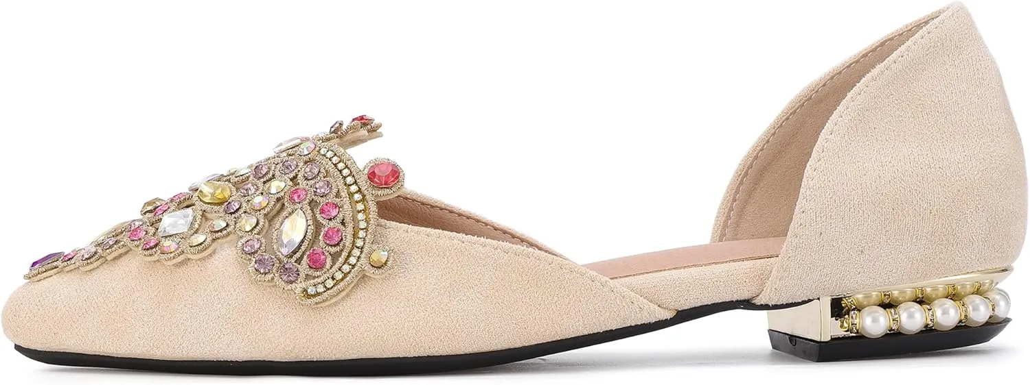 Flats for Women Fashion Ballet Flats Wedding Dress Shoes Bling Rhinestone Pointed Flats Comfort Slip on Low Heel Dress Flat Shoes