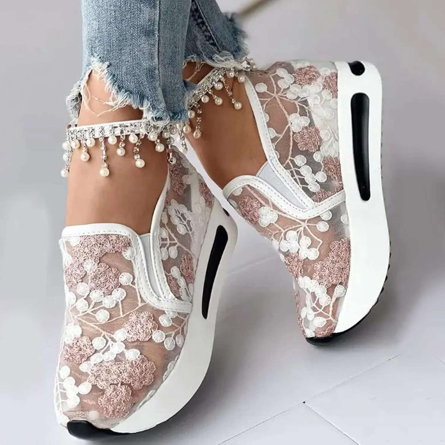 Floral Embroidery Sheer Mesh Lace Sneakers,Fashion Dressy Sneakers for Women,Casual Shoes Breathable Loafers Sneakers Platform,Walking Shoes Women Arch Support Slip On Sneakers