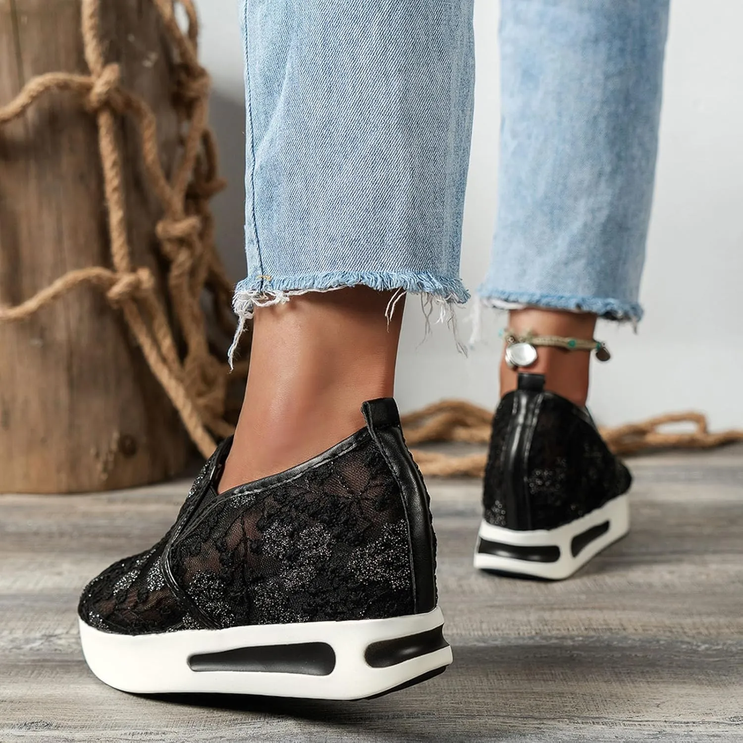 Floral Embroidery Sheer Mesh Lace Sneakers,Fashion Dressy Sneakers for Women,Casual Shoes Breathable Loafers Sneakers Platform,Walking Shoes Women Arch Support Slip On Sneakers