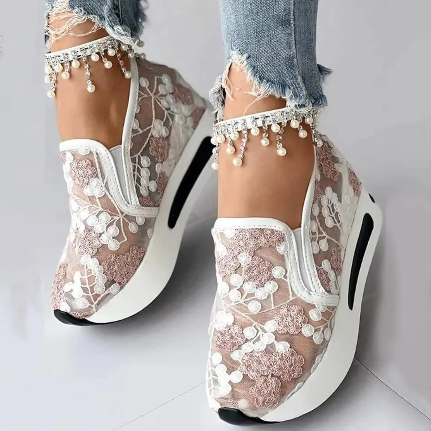 Floral Embroidery Sheer Mesh Lace Sneakers,Fashion Dressy Sneakers for Women,Casual Shoes Breathable Loafers Sneakers Platform,Walking Shoes Women Arch Support Slip On Sneakers