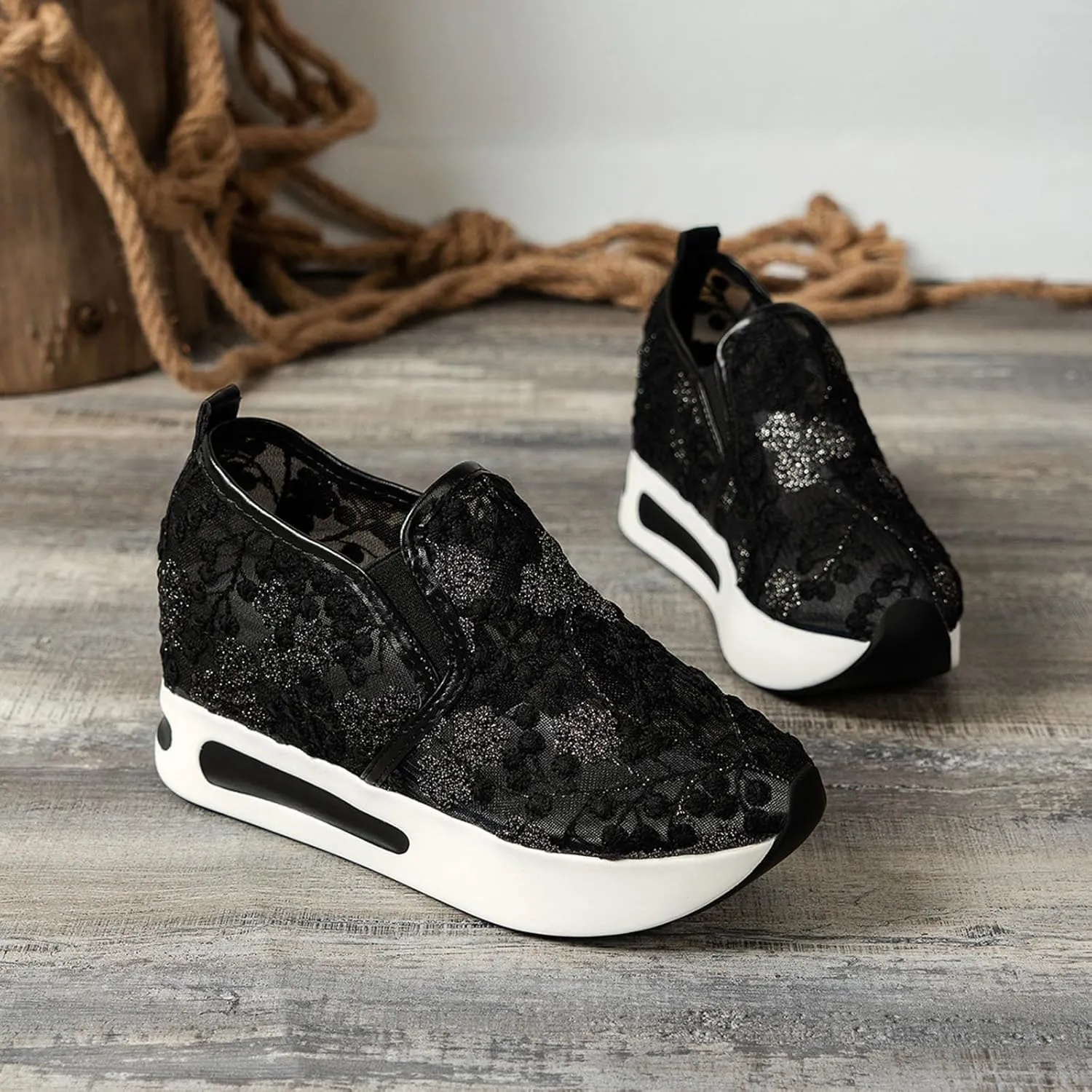 Floral Embroidery Sheer Mesh Lace Sneakers,Fashion Dressy Sneakers for Women,Casual Shoes Breathable Loafers Sneakers Platform,Walking Shoes Women Arch Support Slip On Sneakers