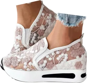 Floral Embroidery Sheer Mesh Lace Sneakers,Fashion Dressy Sneakers for Women,Casual Shoes Breathable Loafers Sneakers Platform,Walking Shoes Women Arch Support Slip On Sneakers